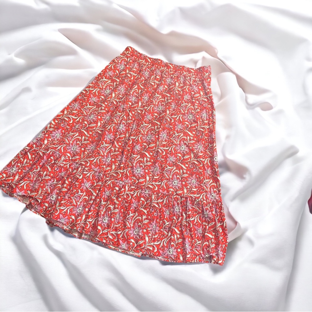 LOFT red floral tiered midi skirt